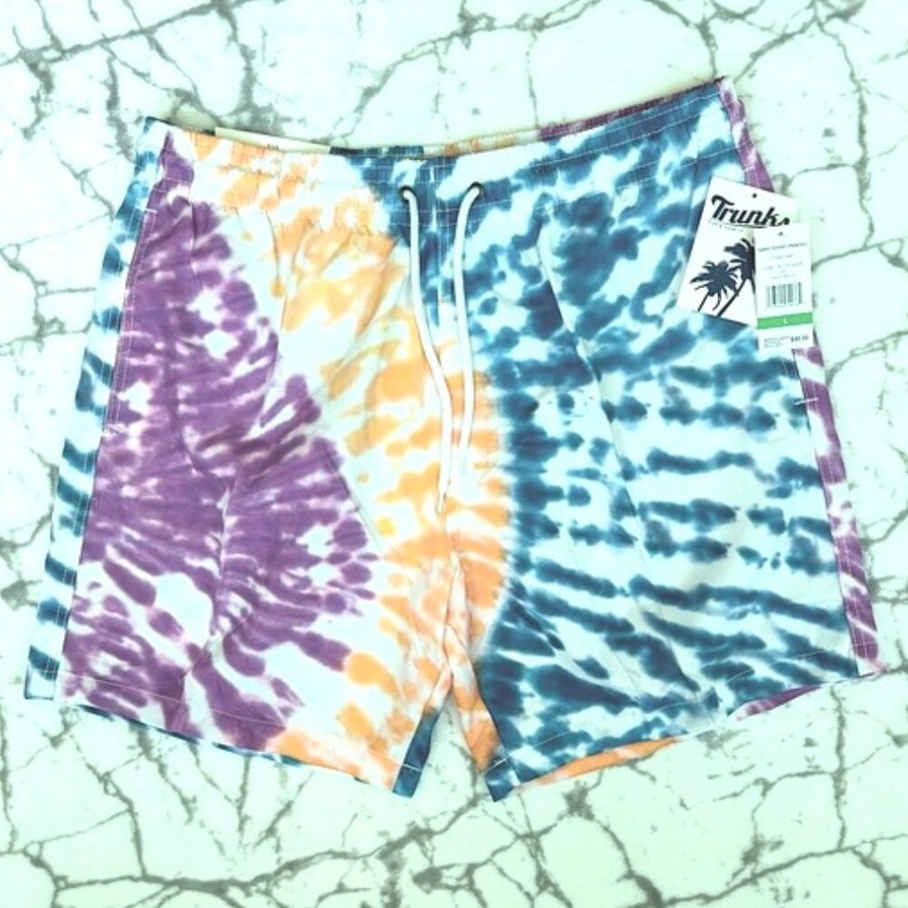 TRUNKS NWT Tie Dye Swim Trunks Mens XL White Purple Orange Blue Drawstring Brief
